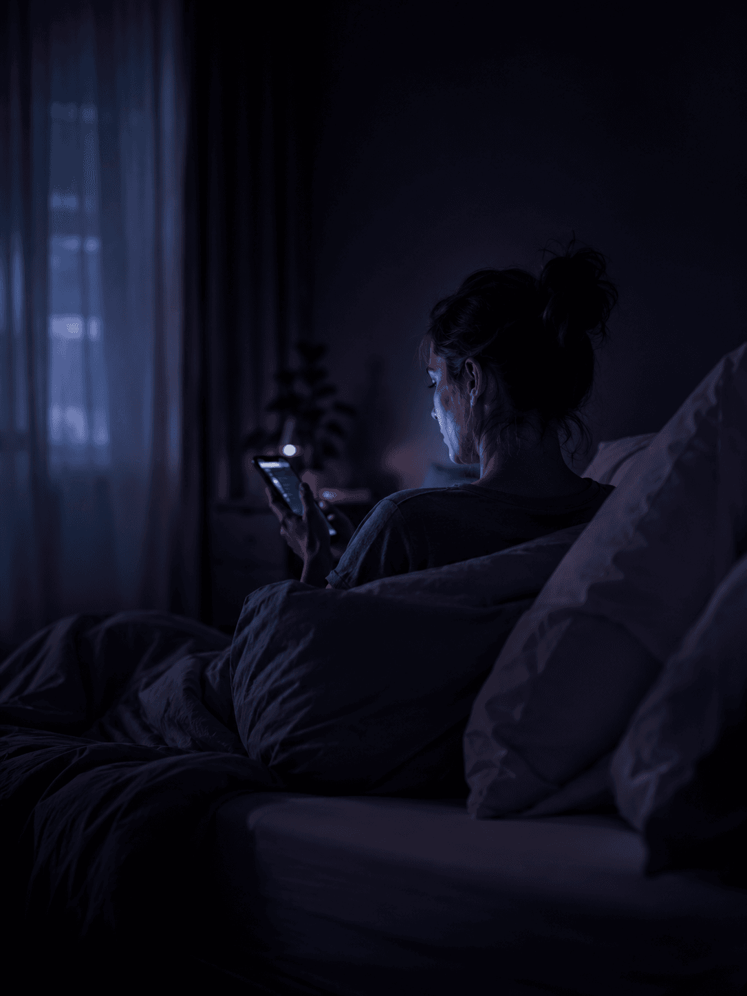 Frau liegt abends entspannt im Bett und nutzt ihr Smartphone