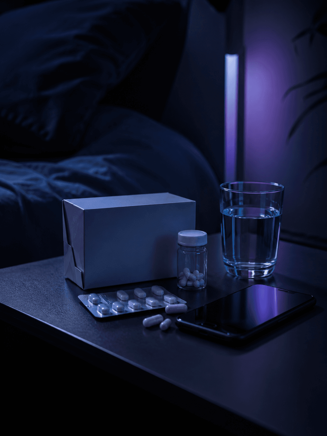 Medikamente und ein Glas Wasser auf einem Nachttisch